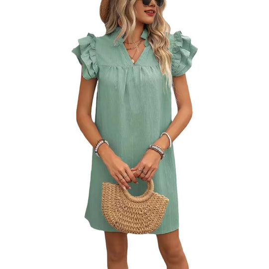 Damen elegantes Kurzarm-Kleid mit Rüschendetails und V-Ausschnitt R&B