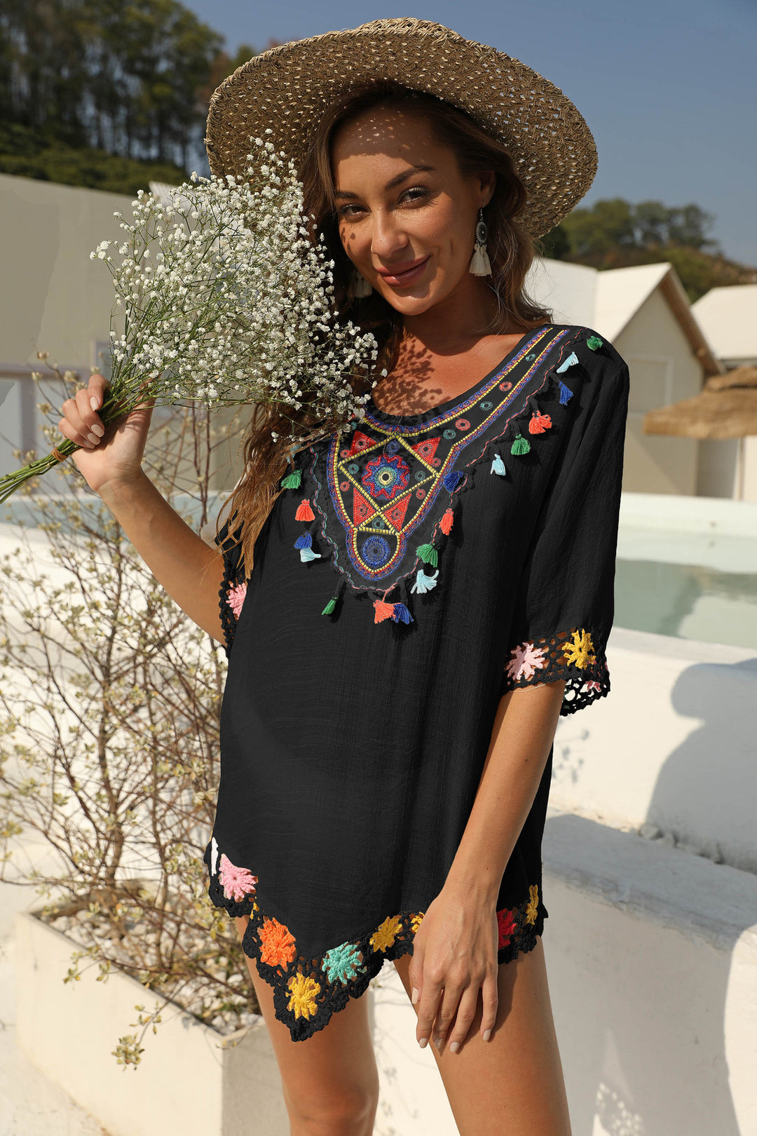 Damen luftiger Kaftan mit buntem Häkelmuster R&B