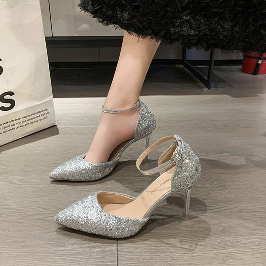 Damen elegante Spitzen High Heels mit transparentem Riemen R&B