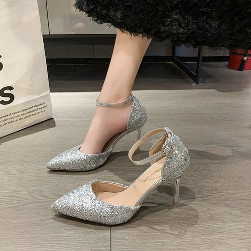 Damen elegante Spitzen High Heels mit transparentem Riemen R&B
