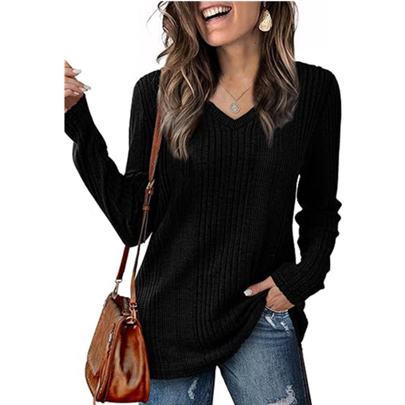 Damen modischer V-Ausschnitt Pullover mit Rippstruktur R&B