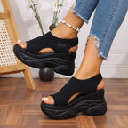Damen Wedge-Sandalen mit elastischer Strickoberfläche und atmungsaktiver Plattform R&B