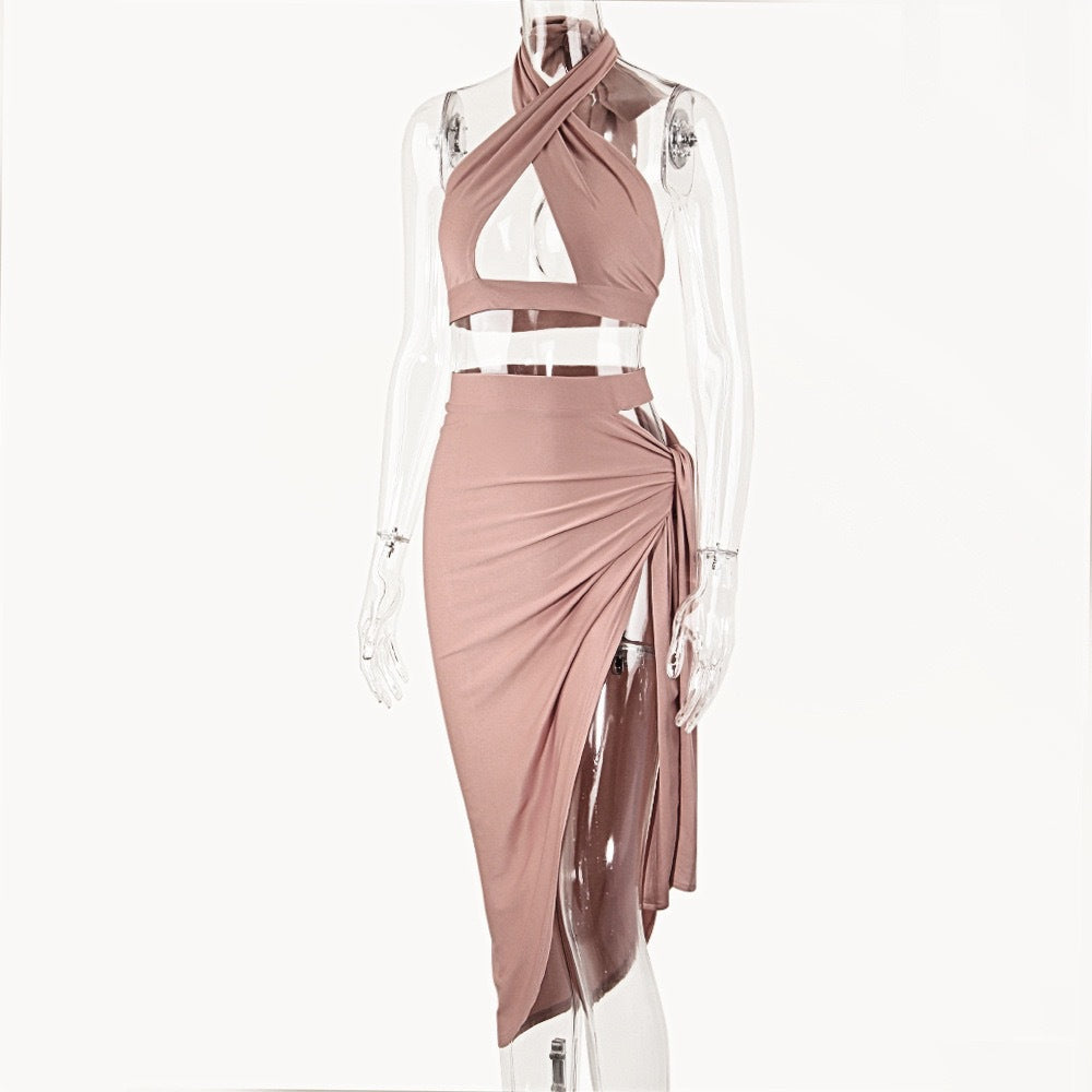 Damen Elegantes Cut-Out Kleid mit Wickeloptik und tiefem Ausschnitt R&B