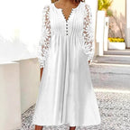 Damen Midikleid mit eleganter Lochspitzenärmel und Knopfleiste R&B