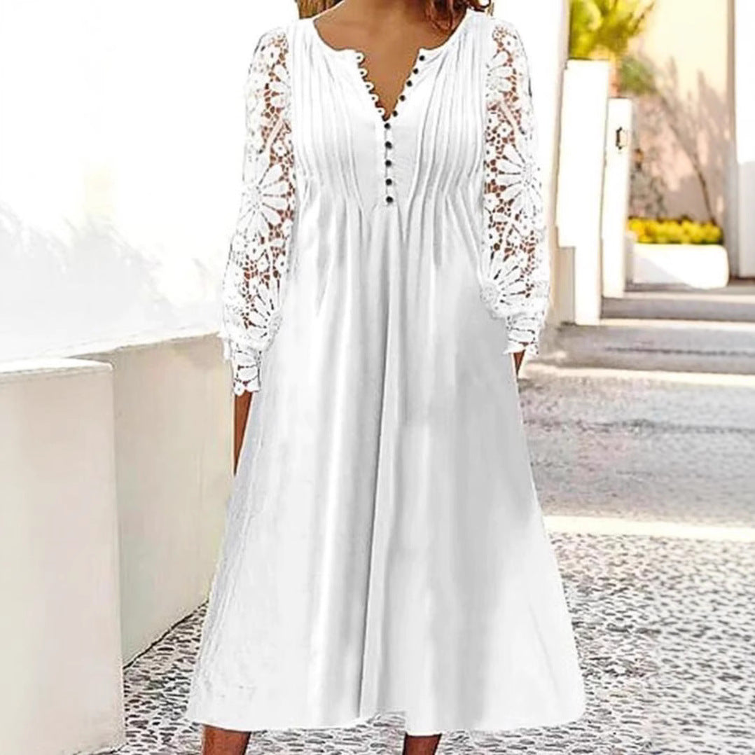 Damen Midikleid mit eleganter Lochspitzenärmel und Knopfleiste R&B