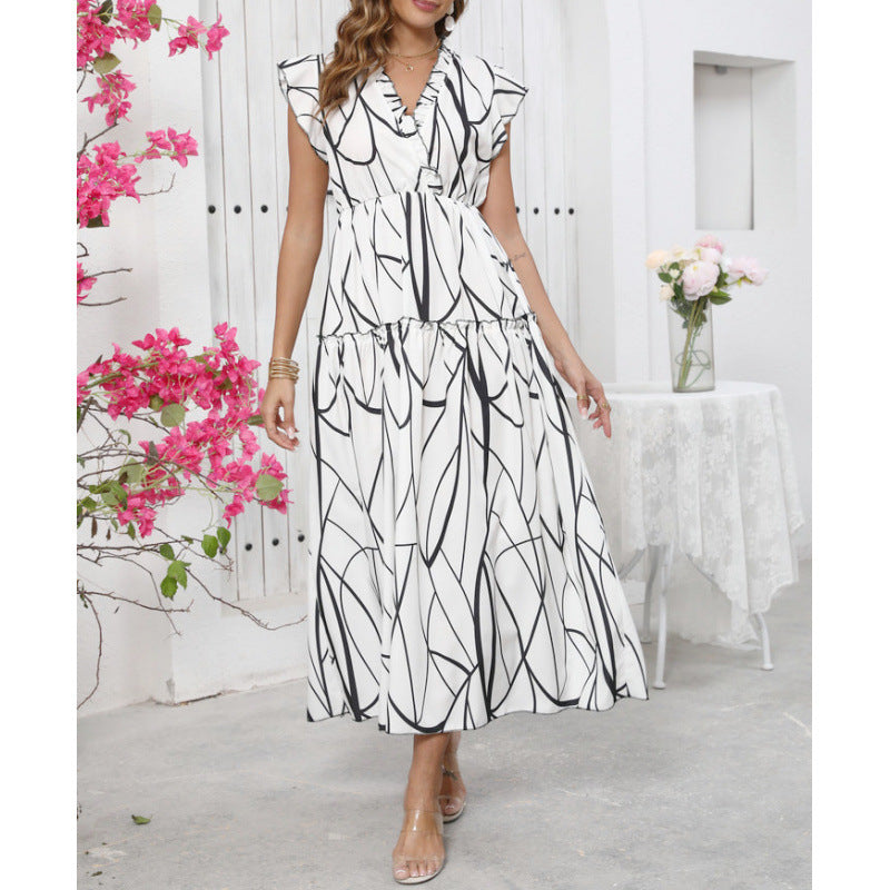 Damen Maxikleid mit grafischem Muster und voluminösen Ärmeln R&B