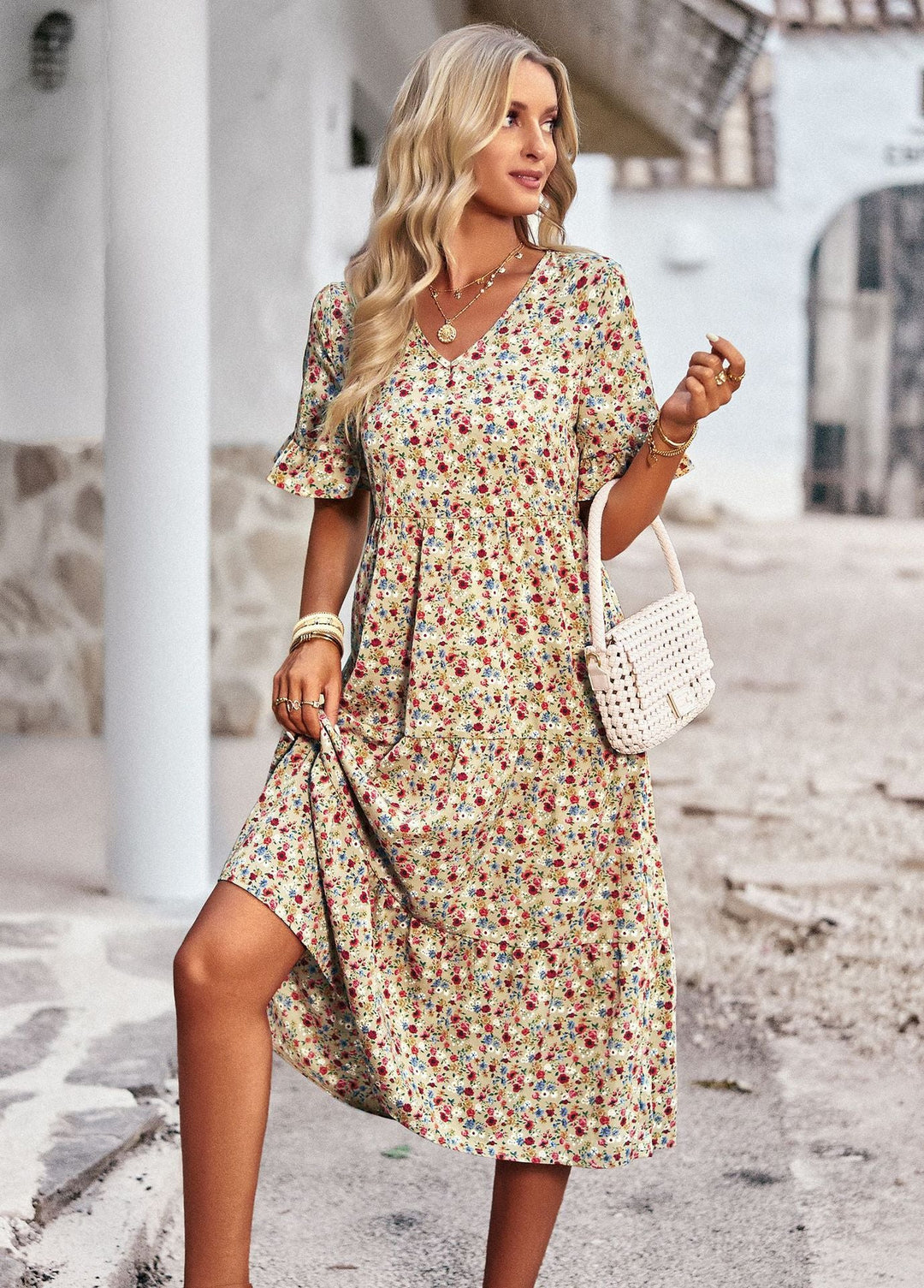 Damen Midi-Kleid mit Floralem Muster und Verspieltem V-Ausschnitt R&B