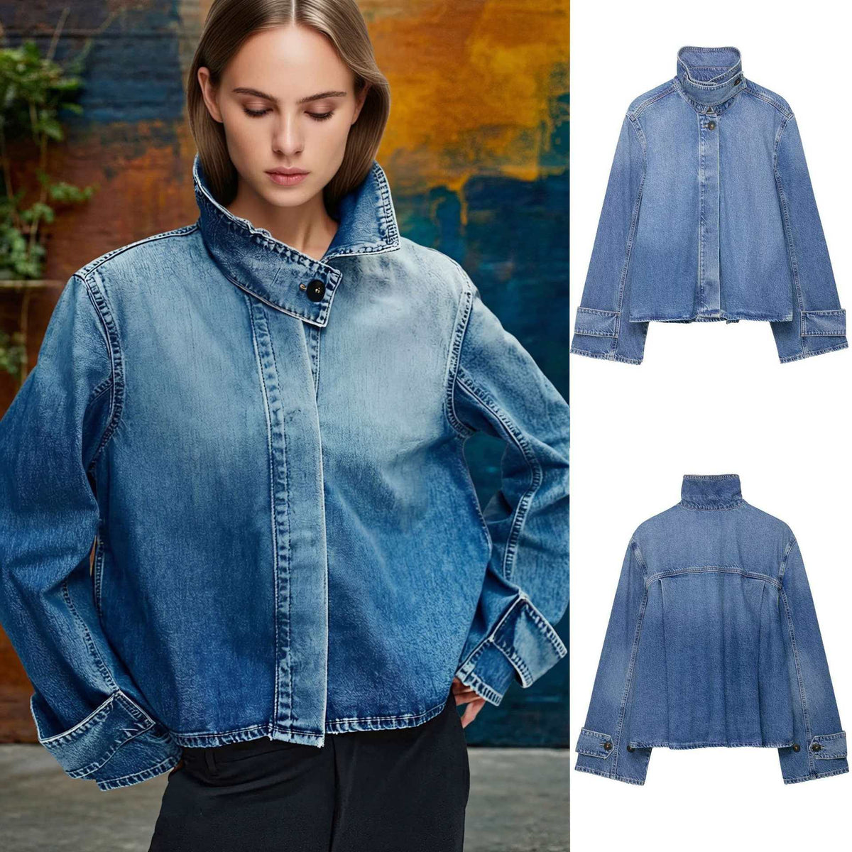 Damen nan cropped Boxy-Denimjacke mit hohem Wickel- bzw. Stehkragen und verdeckter Knopfleiste R&B
