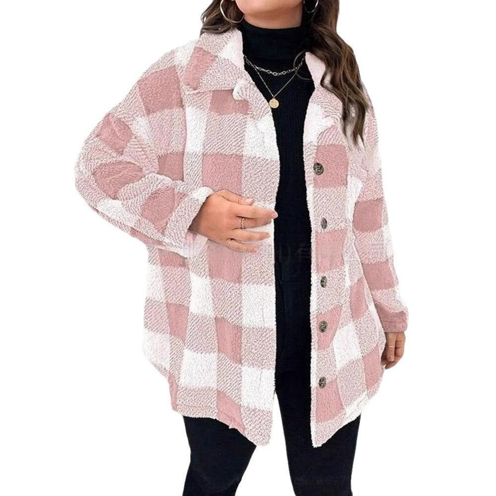 Damen kuschelige Karojacke mit Knopfverschluss und oversized Schnitt