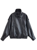 Damen nan Oversize Kunstleder-Bomberjacke mit hohem Stehkragen, Druckknopfblende und smockbündchen R&B