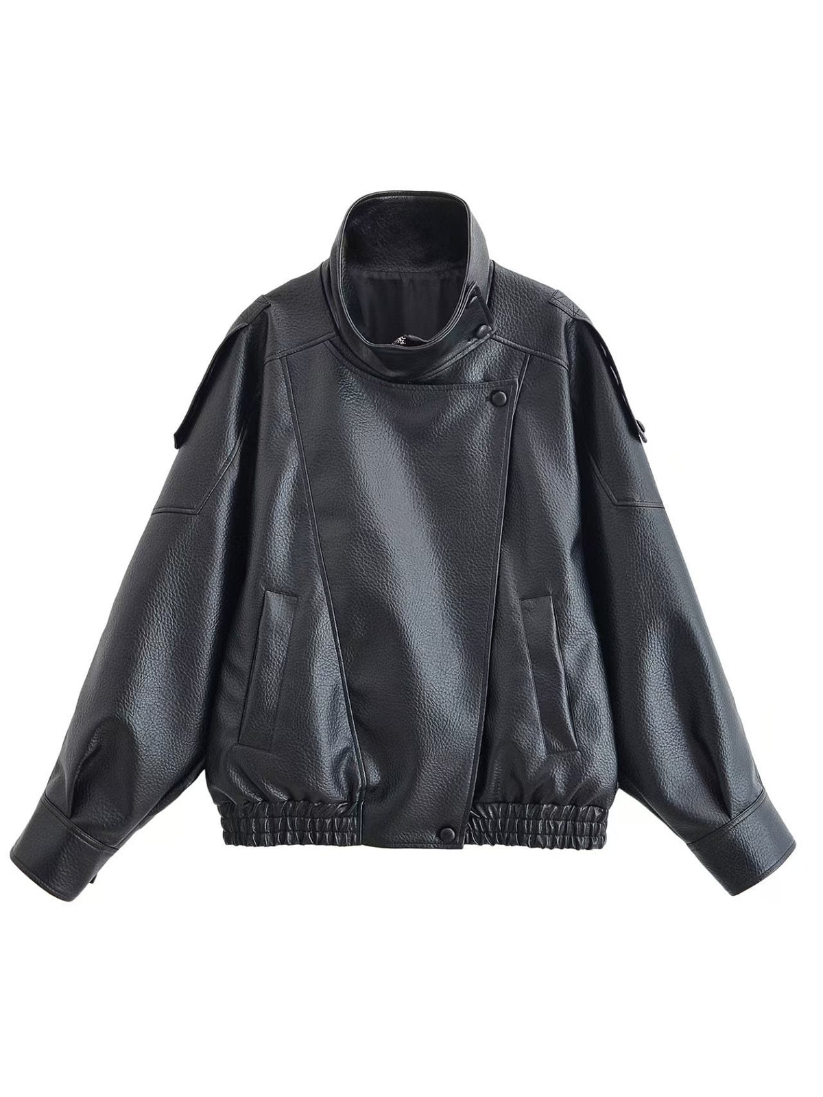 Damen nan Oversize Kunstleder-Bomberjacke mit hohem Stehkragen, Druckknopfblende und smockbündchen R&B