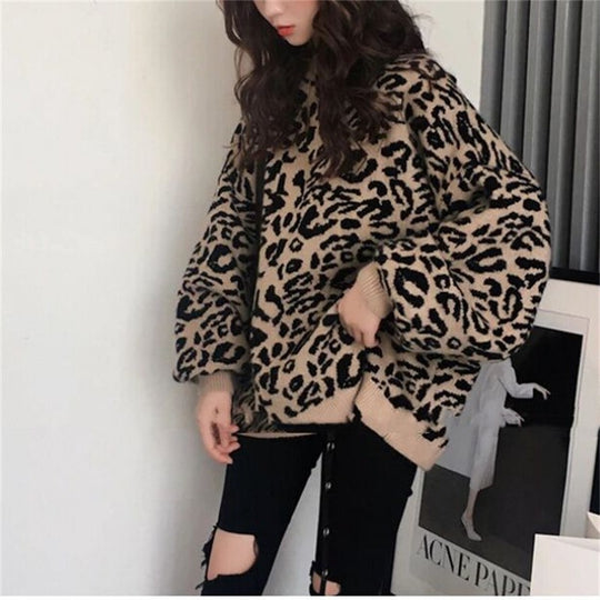 Damen Oversized Strickpullover mit Leopardenmuster und weichem Material R&B