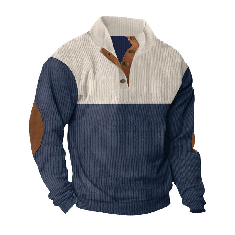 Herren nan lässiger Strickpullover mit Knopfleiste, Stehkragen und Ellenbogenpatches R&B