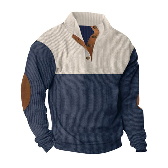Herren nan lässiger Strickpullover mit Knopfleiste, Stehkragen und Ellenbogenpatches R&B