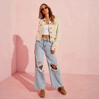 Damen Weit geschnittene Jeans mit modischen Rissen und lässigem Schnitt R&B