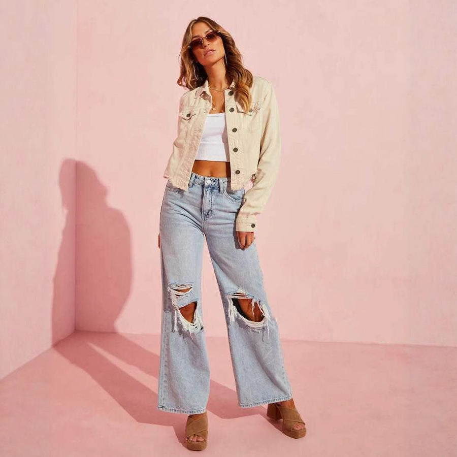 Damen Weit geschnittene Jeans mit modischen Rissen und lässigem Schnitt R&B