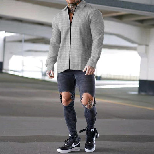 Herren lässiges Kurzarm-Hemd mit strukturiertem Design und modernem Reißverschluss R&B