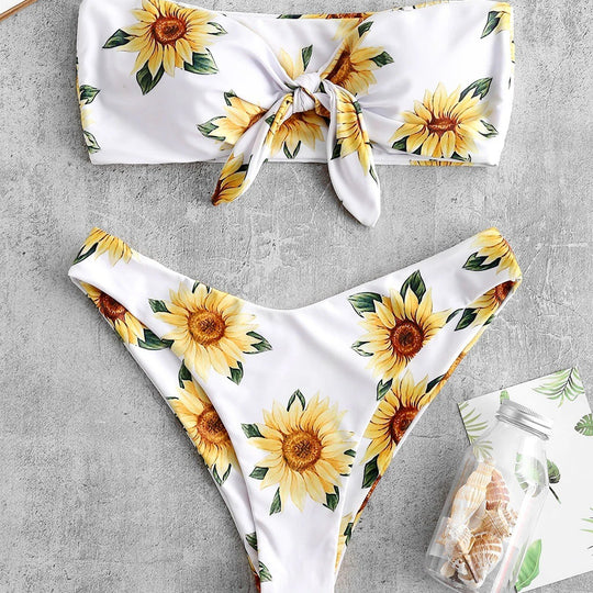 Damen Bandeau-Bikini mit floralem Design und praktischen Knoten R&B