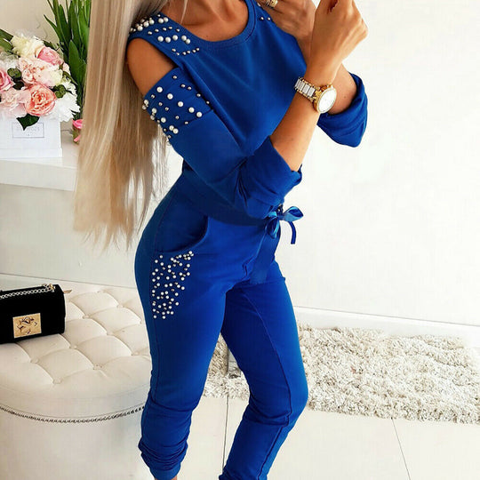 Damen eleganter Freizeitanzug mit schicken Cut-Outs und perlverzierten Ärmeln R&B