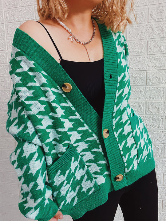 Damen gemütlicher Strickcardigan mit modernen Hahnentrittmuster und Knopfdetails R&B