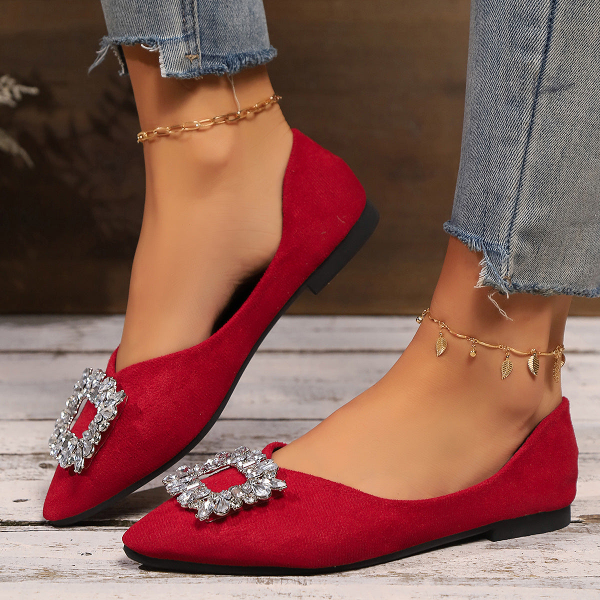 Damen elegante Ballerinas mit funkelnder Kristall-Applikation R&B