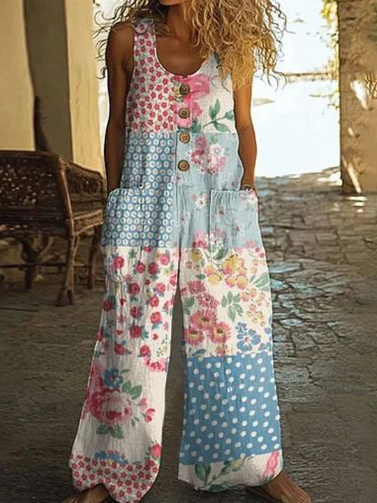 Damen Lässiger Patchwork-Jumpsuit mit Knopfdetails R&B