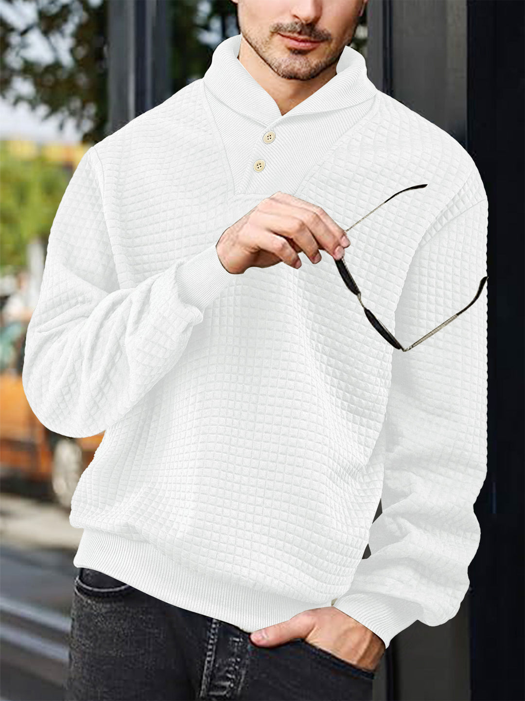 Herren nan eleganter Strickpullover mit Schalkragen, Knopfleiste am Ausschnitt und Karo-Waffelstruktur R&B