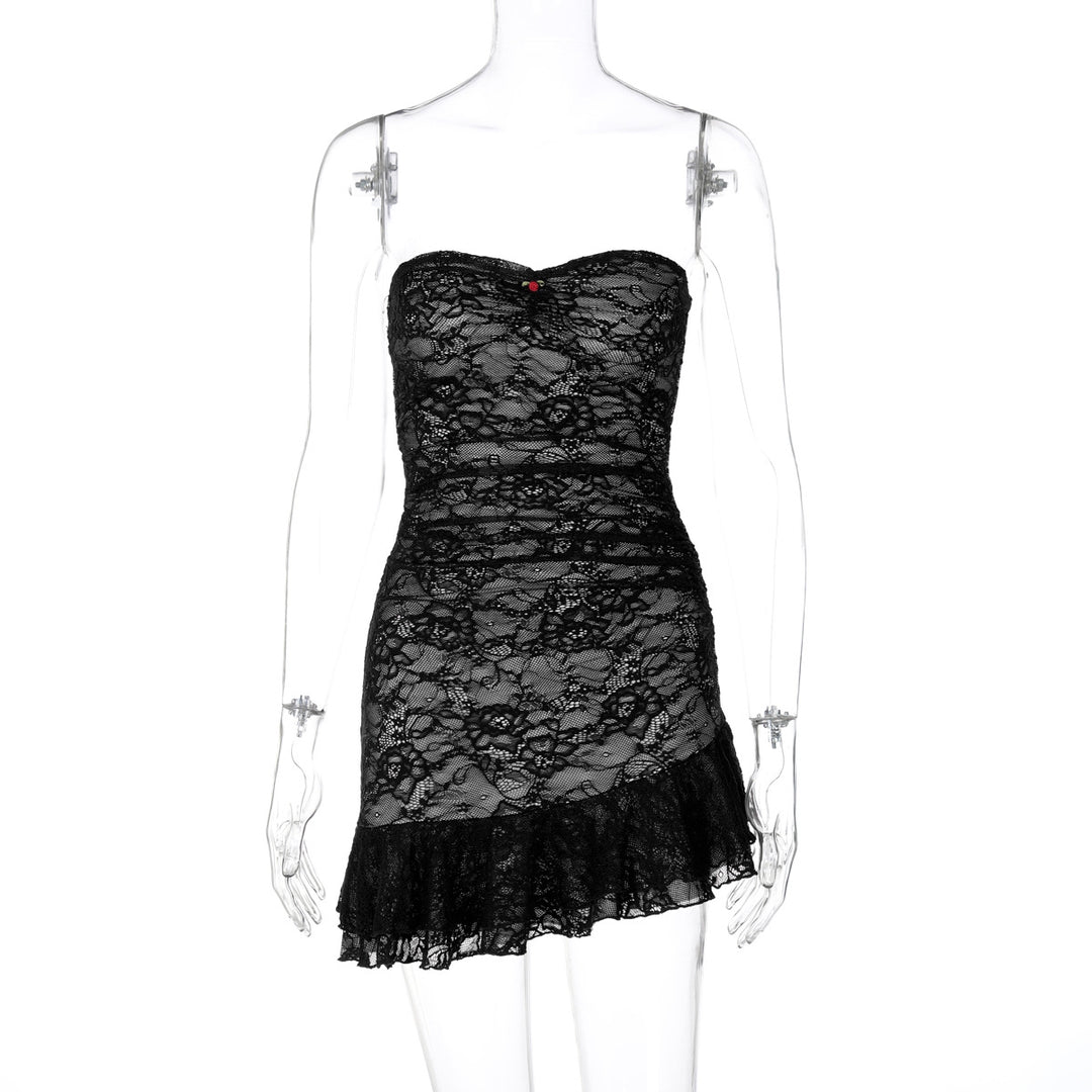 Damen Spitzenkleid mit schulterfreiem Design und eleganter Rüschendetail R&B