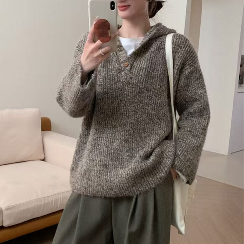 Damen bequemer Strickpullover mit Knopfleiste und Kapuze R&B