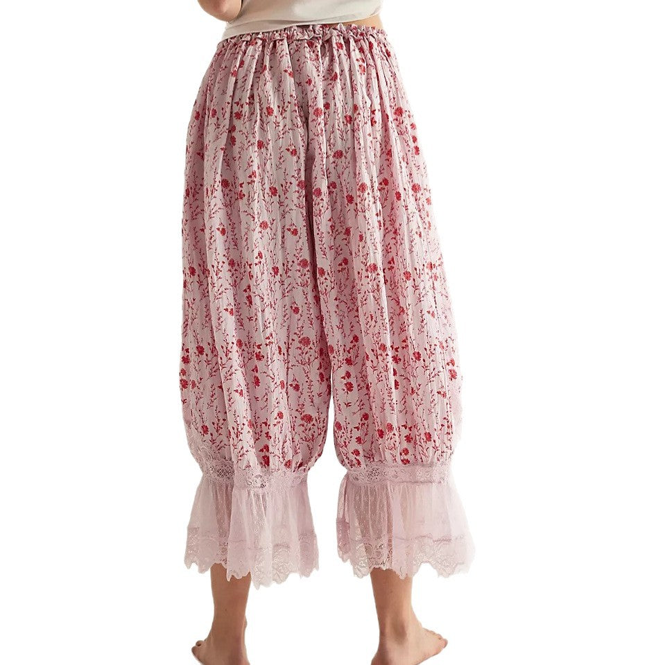 Damen Blumenmuster Hose mit Spitzenabschlüssen R&B