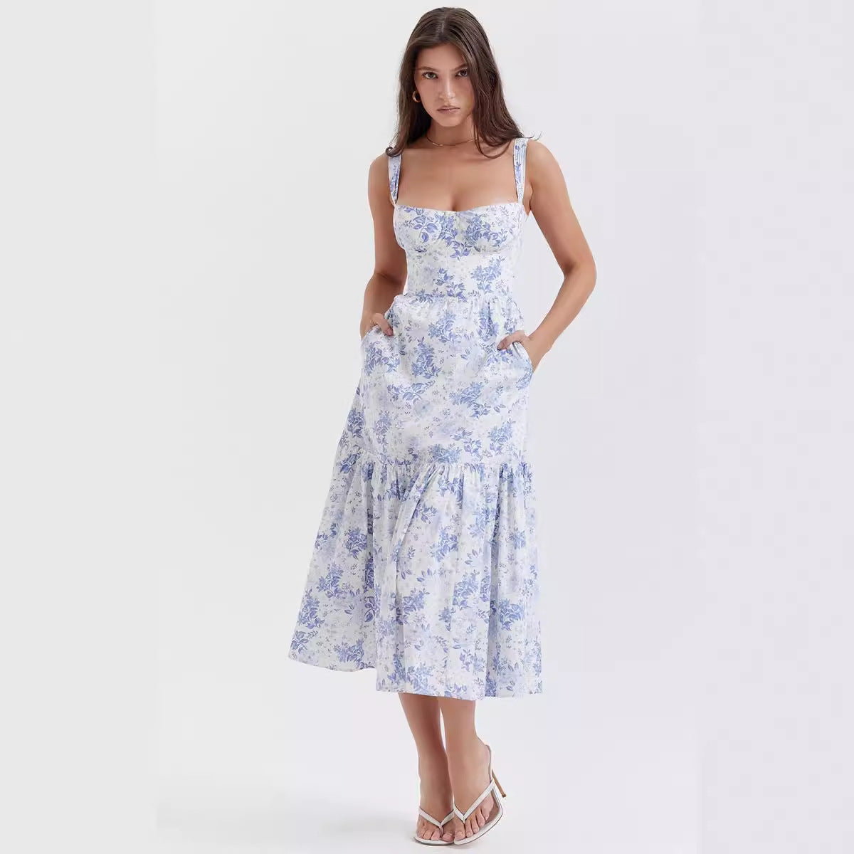 Damen Boho Maxikleid mit romantischem Blumendruck und voluminösem Rock R&B