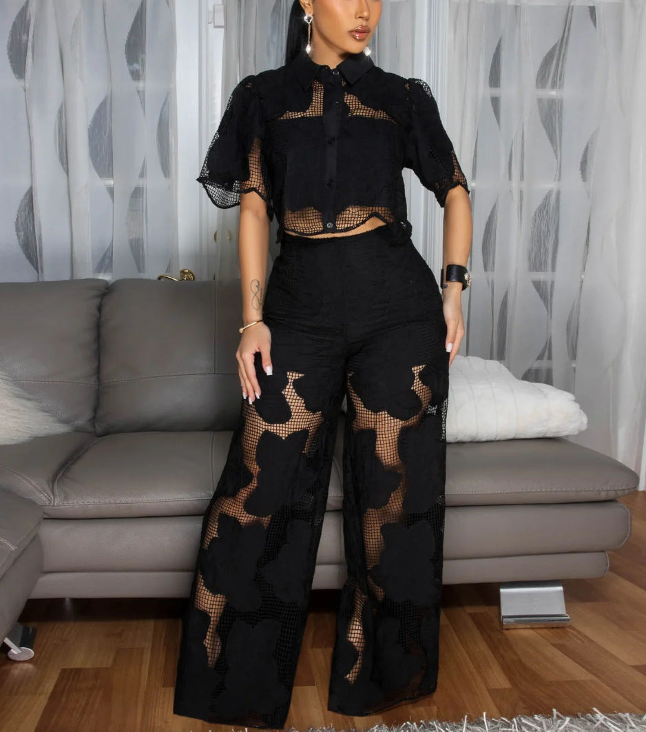 Damen nan kurzgeschnittene Hemdbluse aus floraler Netzspitze mit hochgeschnittener Weitbein-Hose R&B