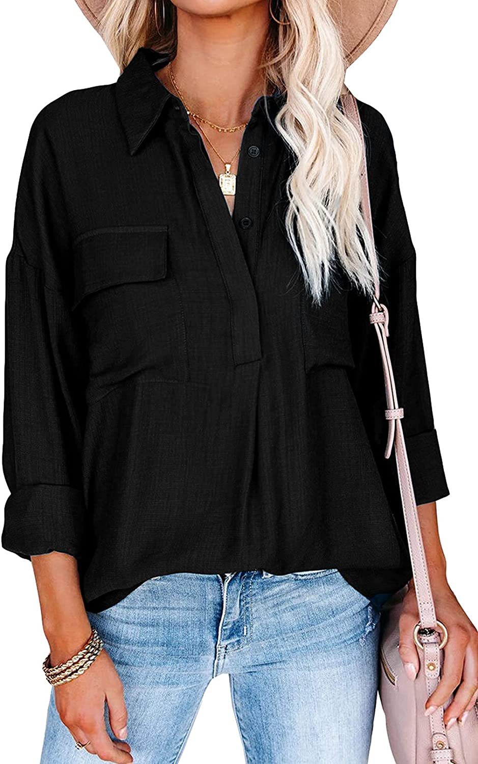 Damen lässige Hemdbluse mit Brusttaschen und hochgekrempelten Ärmeln R&B