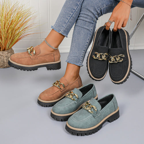 Damen Modische Mokassins mit goldener Kettenapplikation und rutschfester Sohle R&B