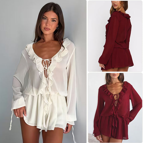 Damen Chiffonbluse mit eleganter Rüschendekoration und tiefem V-Ausschnitt R&B