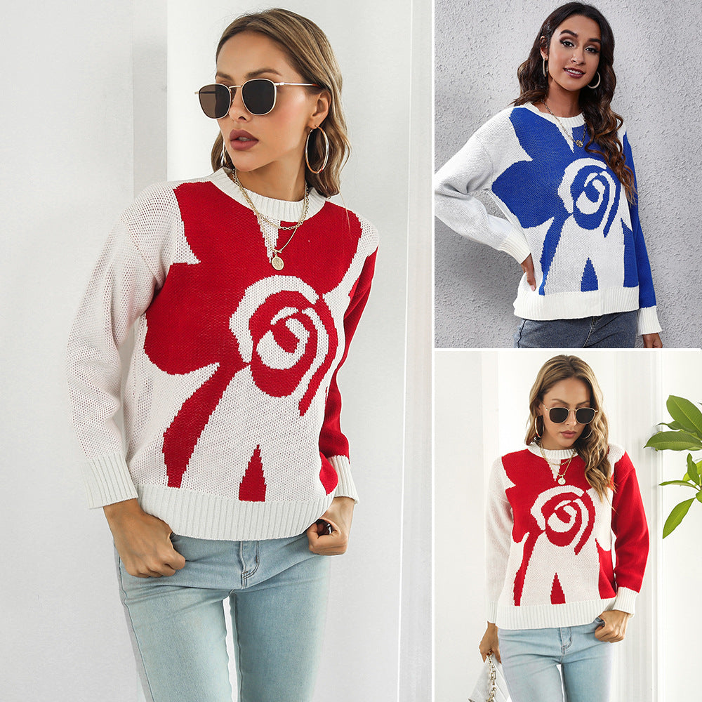 Damen Modischer Strickpullover mit floralem Muster und lässigem Schnitt R&B