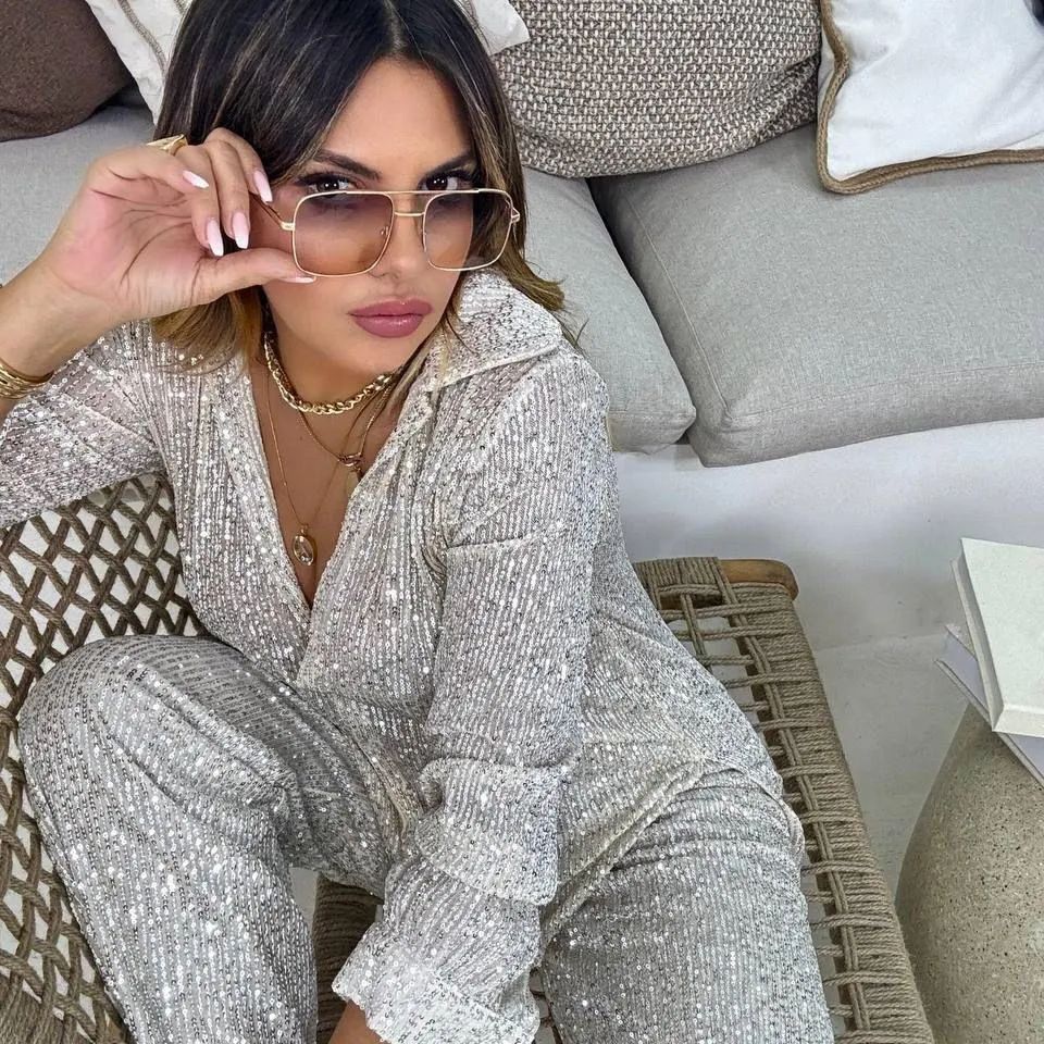 Damen Glitzerndes Lounge-Set mit langärmliger Bluse und weiten Hosen R&B