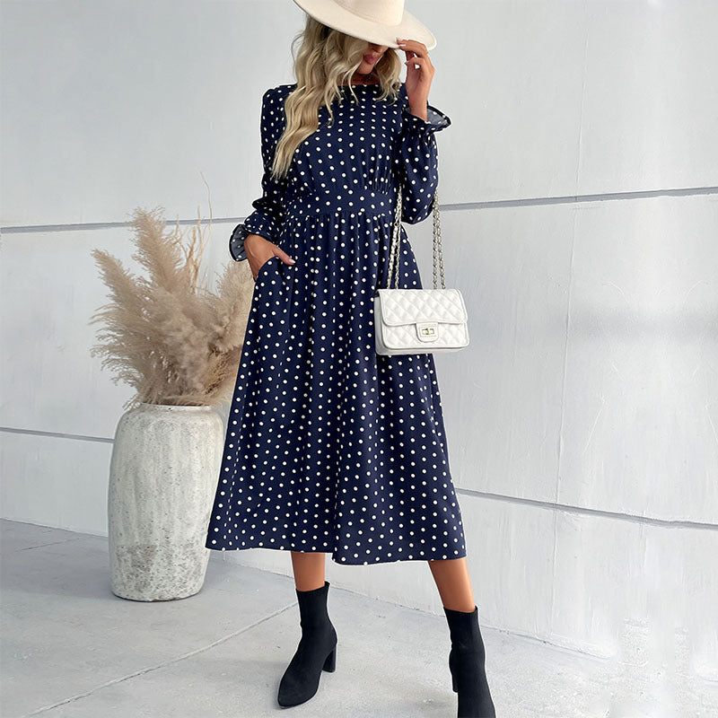 Damen Midi-Kleid mit eleganten Puffärmeln und punktiertem Design R&B