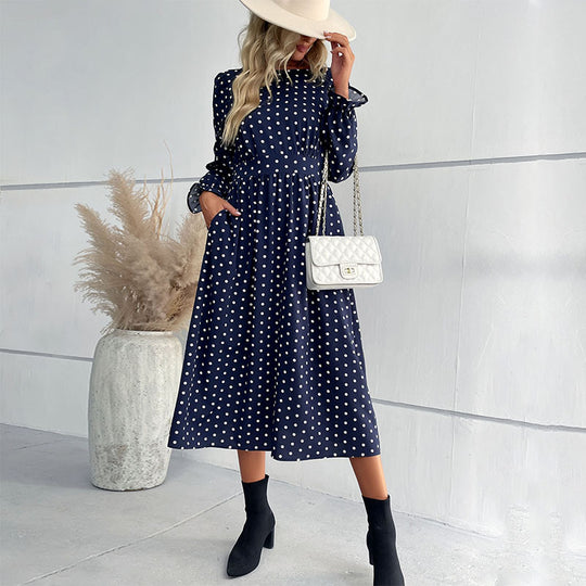 Damen Midi-Kleid mit eleganten Puffärmeln und punktiertem Design R&B