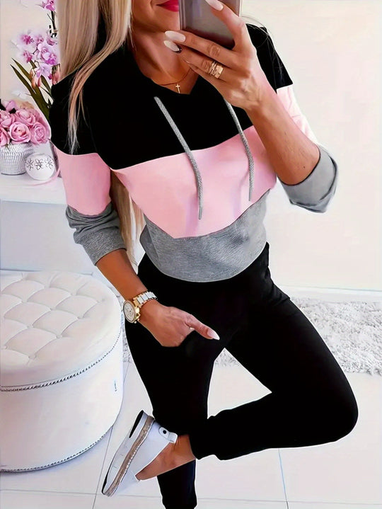Damen modischer Freizeitpullover mit Kapuze und Farbblockdesign R&B