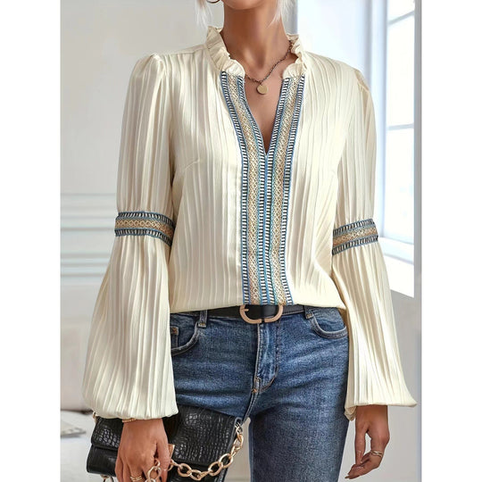 Damen elegante plissierte Bluse mit verzierten Besätzen R&B
