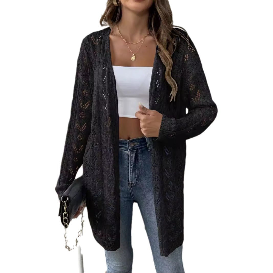 Damen luftiger Strickcardigan mit filigranem Lochmuster R&B