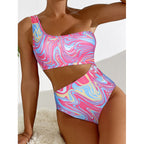 Damen One-Shoulder Bikini-Set mit buntem Muster und hohem Beinausschnitt R&B