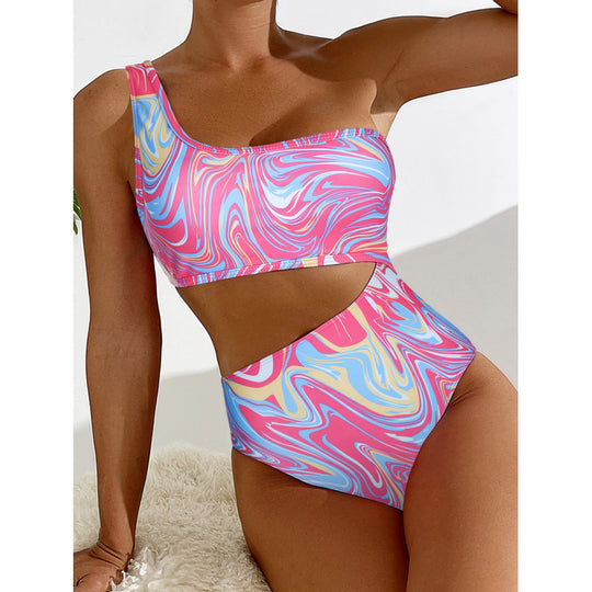 Damen One-Shoulder Bikini-Set mit buntem Muster und hohem Beinausschnitt R&B