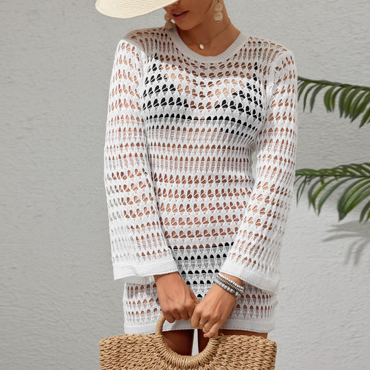 Damen elegantes Netzkleid mit langen Ärmeln und Strickstruktur R&B
