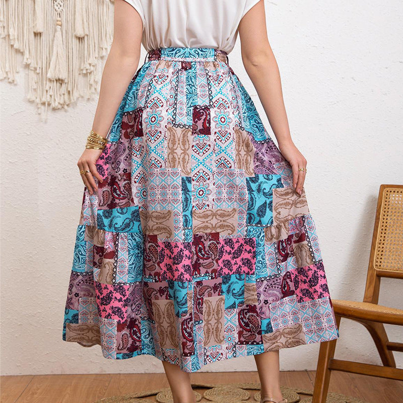 Damen Maxirock mit buntem Patchwork-Design und Taillengürtel R&B