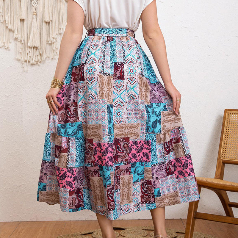 Damen Maxirock mit buntem Patchwork-Design und Taillengürtel R&B