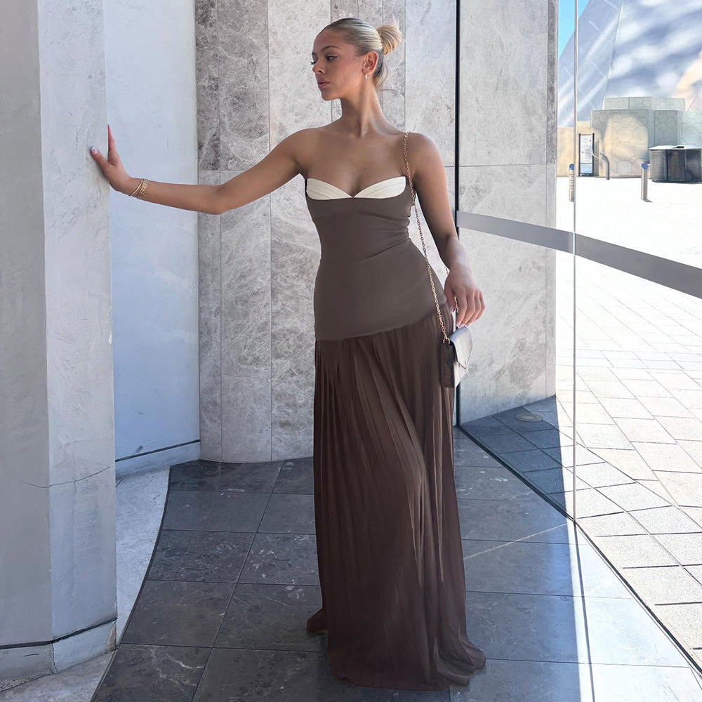 Damen Elegantes Maxikleid mit tiefem V-Ausschnitt und fließendem Rock R&B