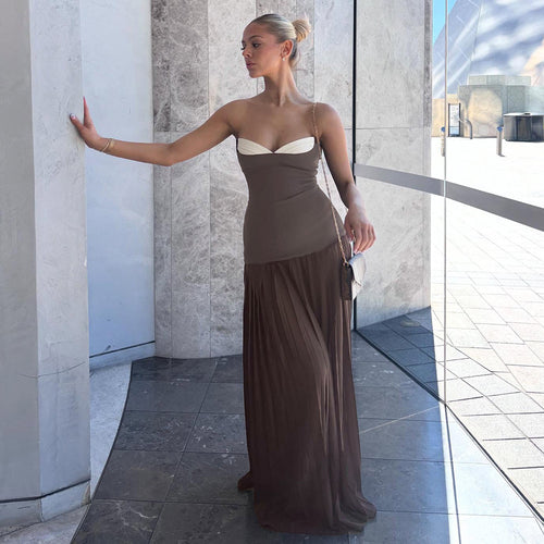 Damen Elegantes Maxikleid mit tiefem V-Ausschnitt und fließendem Rock R&B