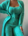 Damen nan luxuriöses Teddy-Fleece Lounge-Set mit Longcardigan, gerafftem Cropped-Bustier und Highwaist-Hose R&B